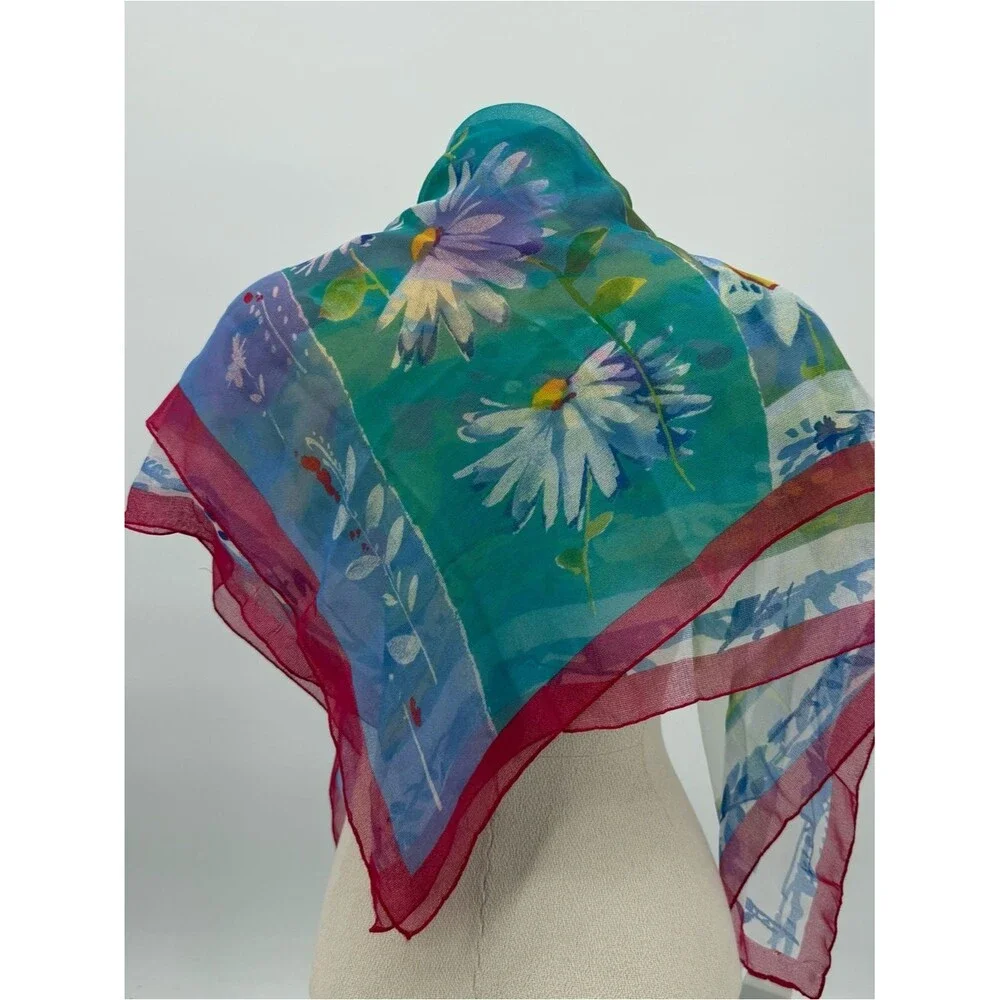 Hasting & Smith Vintage Floral Sheer Square Scarf Blue Pink Accessory Garden